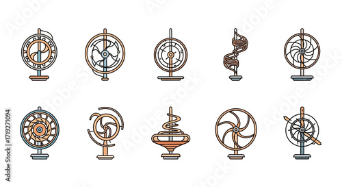 Collection of Spinning Tops and Mechanical Devices.