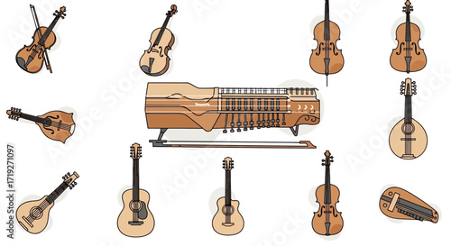 Collection of String Instruments Including Violins Cellos and Guitars.