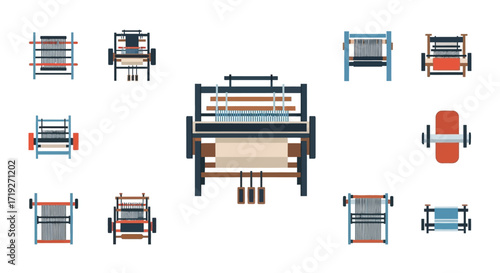 Collection of various weaving looms and textile machines from a top down perspective.