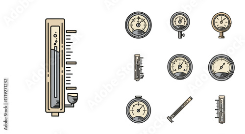Collection of Vintage Pressure Gauges and a Manometer Illustration.