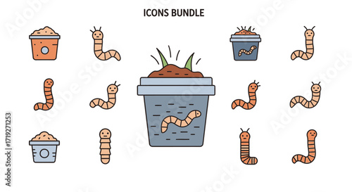 Colorful Earthworm and Compost Bin Icon Set.