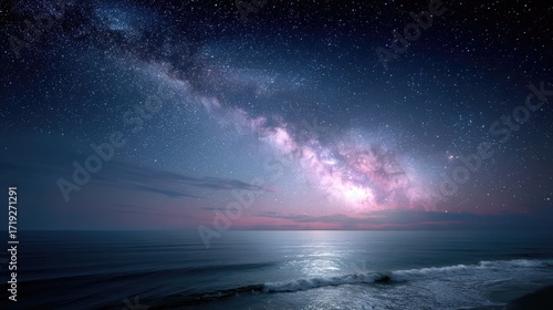 Milky Way Galaxy Over Calm Ocean Water Under Starry Night Sky Azure Horizon