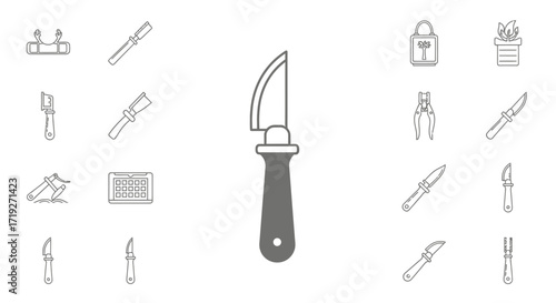 Detailed illustration of a sharp knife with a curved blade for cutting.
