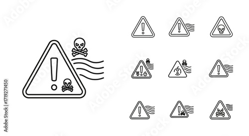 Environmental pollution warning signs set line art icons.