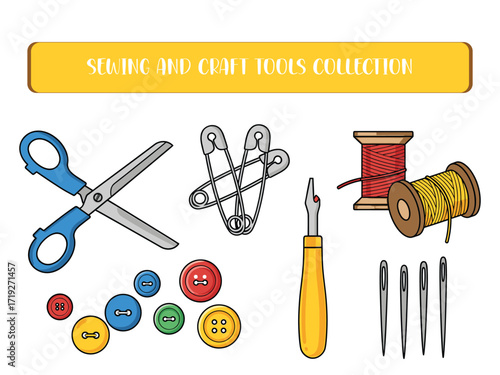 Colorful Sewing and Craft Tools Icon Set with Scissors Thread Buttons and Pins Vector.	