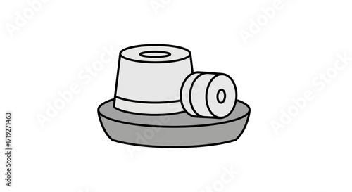 grey illustration of a small boat with a cylindrical object on top and a smaller cylindrical object next to it.