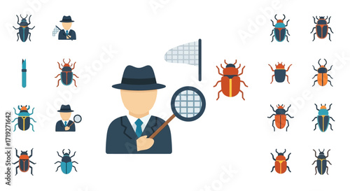 Investigator with Magnifying Glass and Insects Bug Hunting Concept.