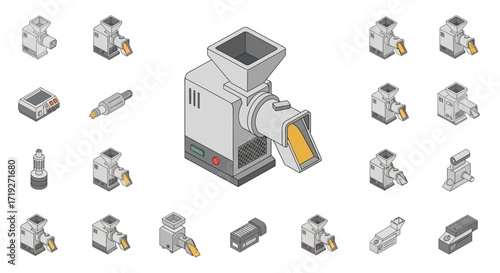 Isometric Industrial Shredder Machine and Grinder Equipment Set.