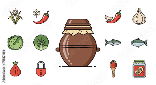 Korean kimchi making ingredients and fermentation pot icon set.