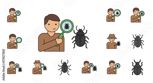 Person examining a large beetle with a magnifying glass.