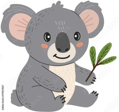 Koala wild animal holding a green leafy twig in hand drawn, doodle style. Suitable for kids content, animal books, and nature themes. White background.