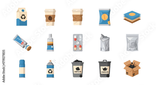 Recyclable waste and trash disposal icons set.