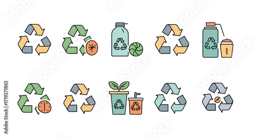 Recycling symbols with various items representing eco friendly practices.