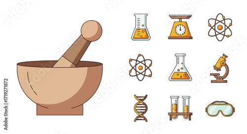 Science and Medicine Icons - Mortar, Pestle, Flasks, Scale, Atom, DNA, Microscope, Test Tubes, Safety Goggles.