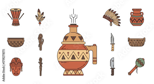 Set of American Indian traditional cultural elements vector icons.