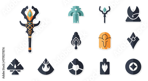 Set of fantasy magic staff and mystical game icons isolated on white.