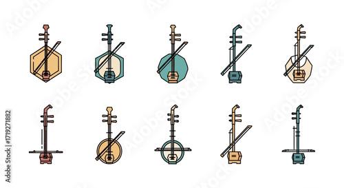 Set of Chinese Erhu musical instrument vector icons.