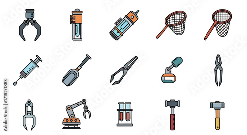 Set of Colorful Hand Drawn Icons for Various Tools and Equipment.