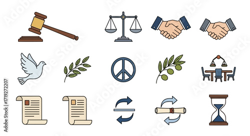 Symbols of Justice, Peace, and Agreement - Gavel, Scales, Dove, and Handshake.