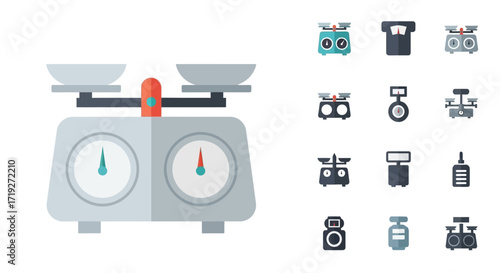 Set of weighing scales and icons representing different types of scales.