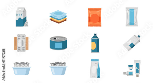 Set of various food packaging and container icons.