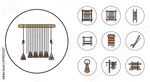 Traditional backstrap loom with threads and weights.