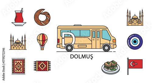 Turkish Dolmus Transportation and Cultural Symbols Illustration.
