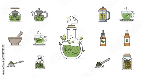 various tea and herbal preparation tools and ingredients.