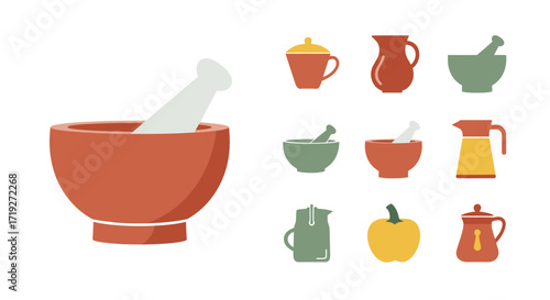Vector Illustration Set of Mortar Pestle and Kitchenware Icons.