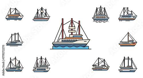 Vector Icon Set of Different Ships Boats and a Modern Yacht.