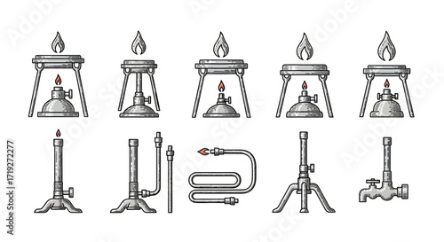 Various types of laboratory burners used for scientific experiments and research.