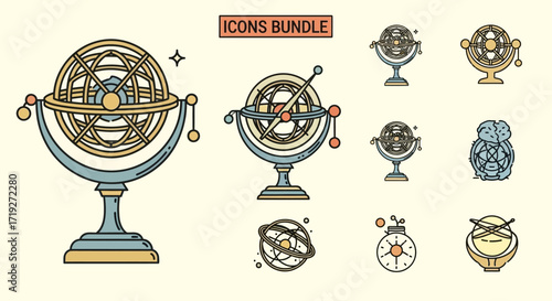 Vintage Armillary Sphere and Astrolabe Astronomy Icon Set.