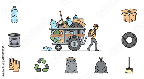 Waste collector pulling cart filled with recyclable materials.