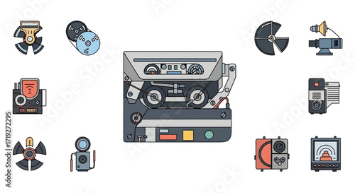 Vintage cassette tape with various audio recording devices around.
