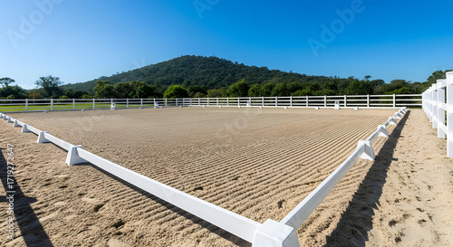 Dressage arena with mountain backdrop under clear blue sky training facility