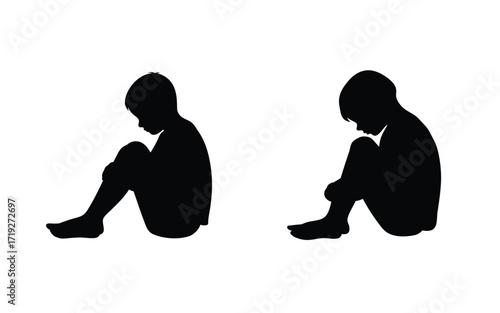 Two silhouetted figures of young boys sitting with their heads bowed on a white background plain