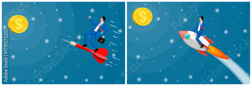 Man businessman flying on a dart and rocket towards a golden dollar coin. Business competition and financial success concept.