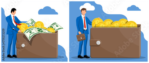 Businessman holding wallet full of money and coins. Financial investment, saving, and money rich concept. Successful business income.