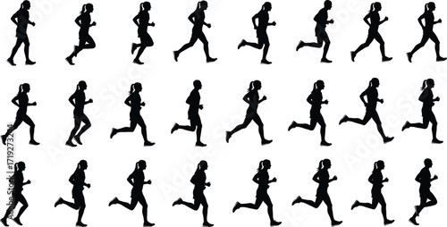 Running motion silhouette, human biomechanics, athletic stride phases, sports training, animation reference, black figure, dynamic movement, exercise, fitness, sprint