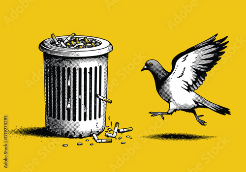 A pigeon walks past a trash can overflowing with cigarette butts against a bright yellow background, creating a stark contrast between nature and human pollution, highlighting environmental issues