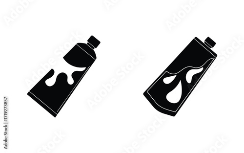 Two black and white illustrations of paint tubes with liquid spilling out on a white background
