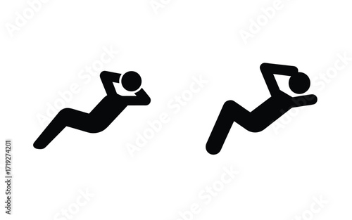 Two black stick figures reclining with hands behind heads on a white background in a simple style