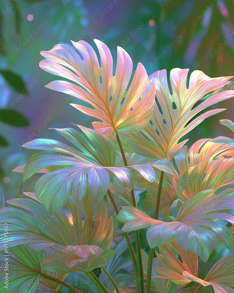 Fototapeta premium Whispering Leaves: A vibrant collection of lush tropical foliage with unique textures and subtle gradients of pastel colors and dreamy tones.