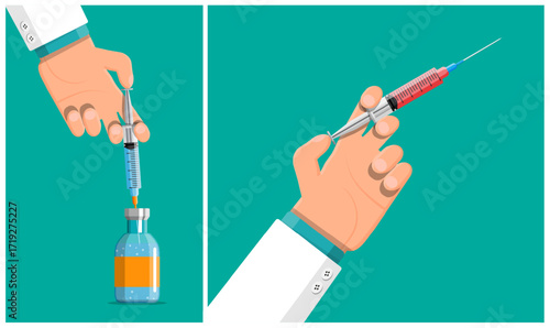 Doctor hand filling syringe with medication and holding a syringe filled with red liquid. Medical treatment and vaccination concept.