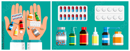 Doctor hands full of various medicines. Hand holding different pills, capsules, jars, bottles. Pharmacy, prescription, healthcare concept.