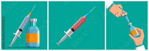 Medical syringe and vial with clear liquid and another with red liquid. Doctor hand drawing vaccine from bottle. Vaccination, injection concept.