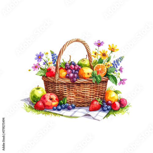 cute cartoon of picnic basket with fruits and flowers, watercolor springtime cartoon style, white background