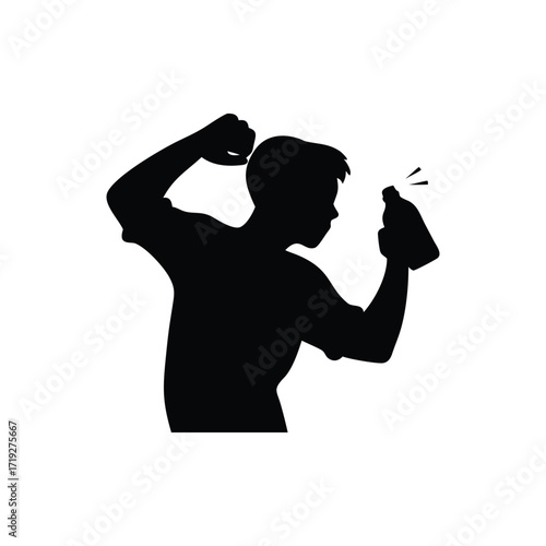 Silhouette of a person opening a bottle with a fist raised in the air in a white background