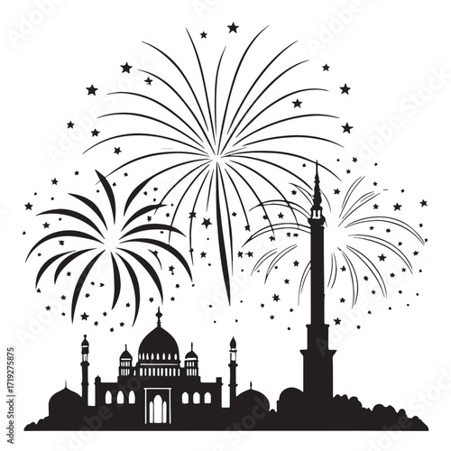 Black Independence Day Fireworks Silhouette Vector, High Quality Illustration on White Background