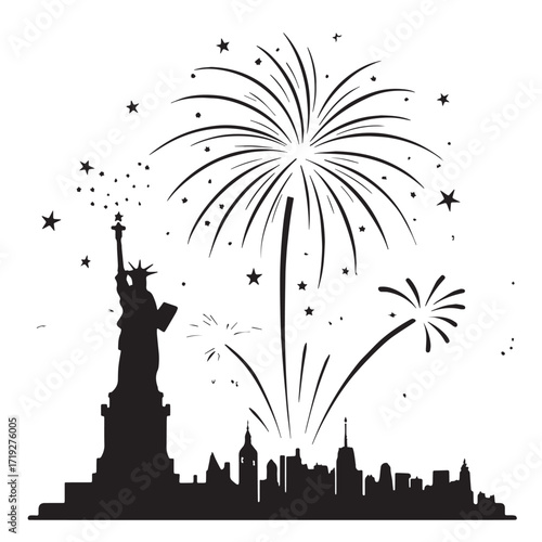 Black Independence Day Fireworks Silhouette Vector, High Quality Illustration on White Background
